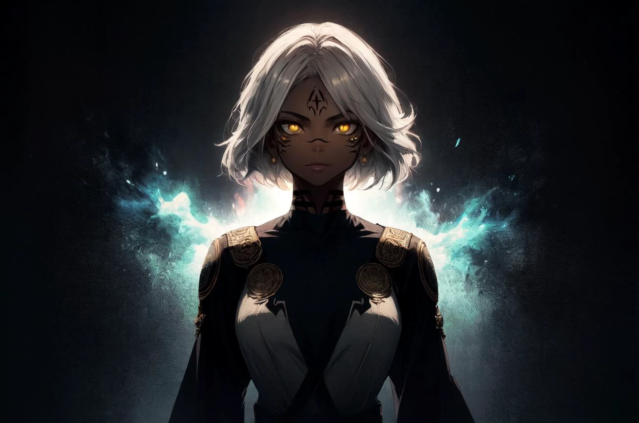 (1girl), solo, masterpiece, best quality, (dark skin, dark-skinned female), short hair, messy hair, (white hair), yellow eyes, glowing eyes, medium breasts, upper body, black and white tunic, long tunic, ancient outfit, ancient jewels, tunic, looking at viewer, 4 eyes, sukunatattoo, <lora:concept_sukunatattoo:1>, power aura, yellow aura, magic aura, dark background, serious
