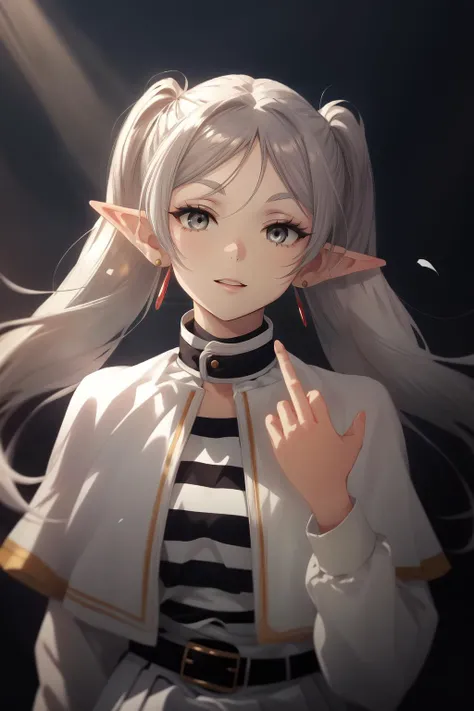 (masterpiece, best quality), intricate details,
1girl, <lora:CHAR-Frieren:0.8> Frieren, twintails, earrings, silver hair, pointed ears,
Frieren, twintails, earrings, FrierenBase, twintails, earrings, white capelet, striped shirt, white skirt, long sleeves, belt, black pantyhose,
<lora:midfinger-wasabiya:1> middle finger,