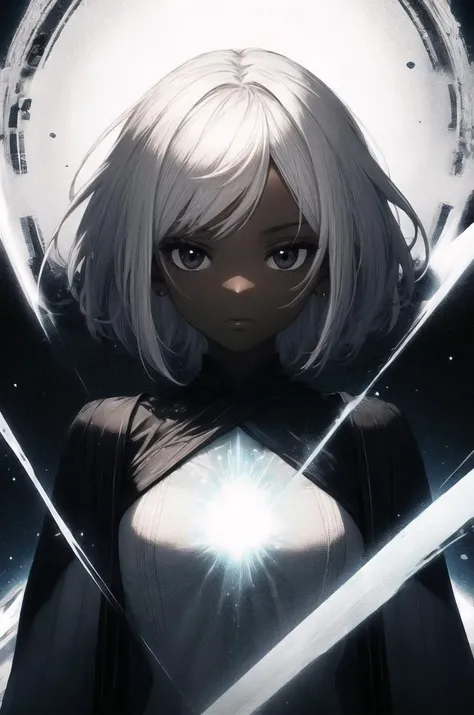 (1girl), solo, masterpiece, best quality, (dark skin, dark-skinned female), short hair, messy hair, (white hair), black eyes, medium breasts, upper body, black and white tunic, long tunic, ancient outfit, ancient jewels, tunic, looking at viewer, white aura, white magic aura, power aura, expressionless, looking at viewer, dark background