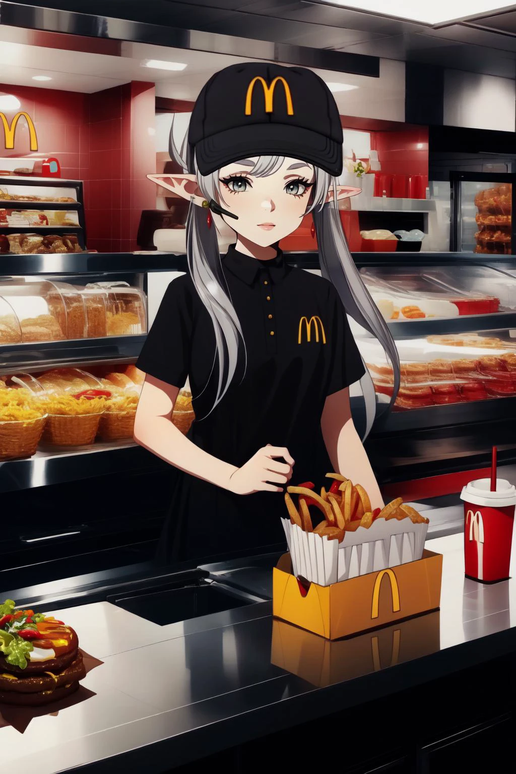 (masterpiece, best quality), intricate details,
1girl, <lora:CHAR-Frieren:0.8> Frieren, twintails, earrings, silver hair, pointed ears,
<lora:McDonalds_PFP_Lora:0.8>mcdonald's hat, <lora:McDonaldsUniform:0.8> McDonaldsUniform, shirt, black shirt, uniform, cap
indoors, fast food, restaurant, behind counter, working,