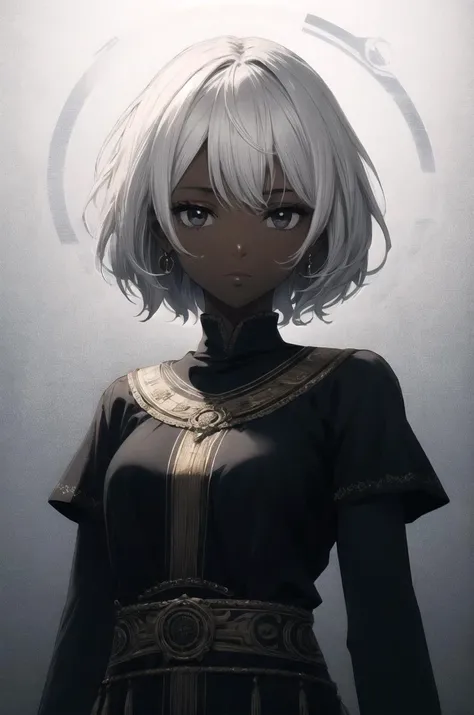 (1girl), solo, masterpiece, best quality, (dark skin, dark-skinned female), short hair, messy hair, (white hair), black eyes, medium breasts, upper body, black and white tunic, long tunic, ancient outfit, ancient jewels, tunic, looking at viewer, white aura, white magic aura, power aura, expressionless, looking at viewer, dark background