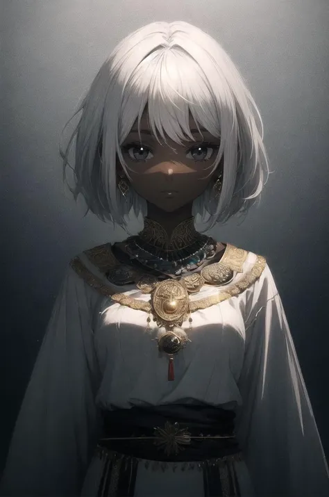 (1girl), solo, masterpiece, best quality, (dark skin, dark-skinned female), short hair, messy hair, (white hair), black eyes, medium breasts, upper body, black and white tunic, long tunic, ancient outfit, ancient jewels, tunic, looking at viewer, white aura, white magic aura, power aura, expressionless, looking at viewer, dark background
