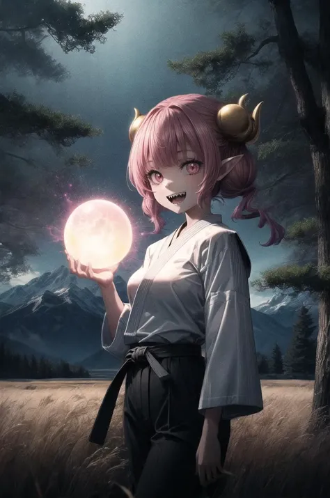 1girl, small size, masterpiece, best quality, looking at viewer, solo, twintails, long hair, horns, pointy ears, sharp teeth, red eyes, (slit pupils), ilulu, (large breast), crazy smile, walking, facing viewer, open mouth, (upper body), (black karate gi), (pink belt), black pants, nature, field, grass, plains, mountain, trees, magic, aura, (pink aura), magic orb, holding magic orb, power aura, clenched teeth, <lora:missKobayashisDragonMaidIlulu_v2:1>  <lora:more_details:0.5>