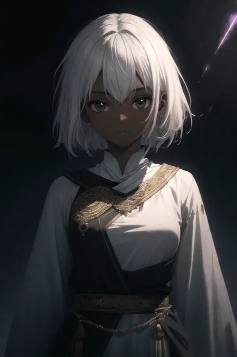 (1girl), solo, masterpiece, best quality, (dark skin, dark-skinned female), short hair, messy hair, (white hair), black eyes, medium breasts, upper body, black and white tunic, long tunic, ancient outfit, ancient jewels, tunic, looking at viewer, white aura, white magic aura, power aura, expressionless, looking at viewer, dark background