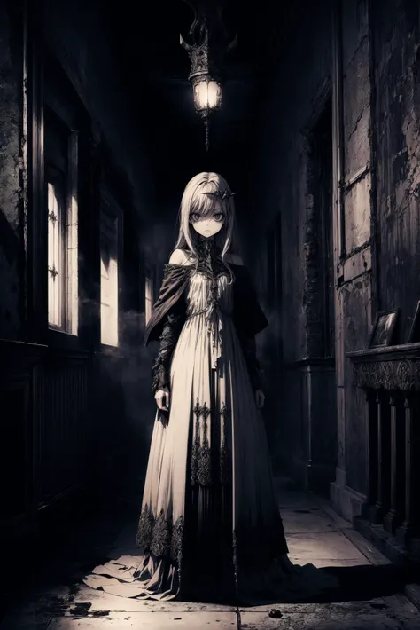 (style of H.R. Giger:1.3), dark hallway, (side view:0.4), portrait of a woman in white dress, (horror:1.3), (punk:1.3), (gothic:1.3), barbed wire, organic form,( flat chest:0.9), abstract:1.3, small breasts, mystic lights, high detailed, masterpiece, ultra detailed, perfect eyes, digital oil painting, sharp image