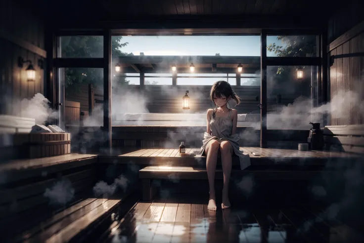 ((best quality, masterpiece, super-resolution)) beautiful girl, slim, skinny, sexy, sitting,( in sauna:1.3), sweaty, small breasts, hazy atmosphere, sharp image