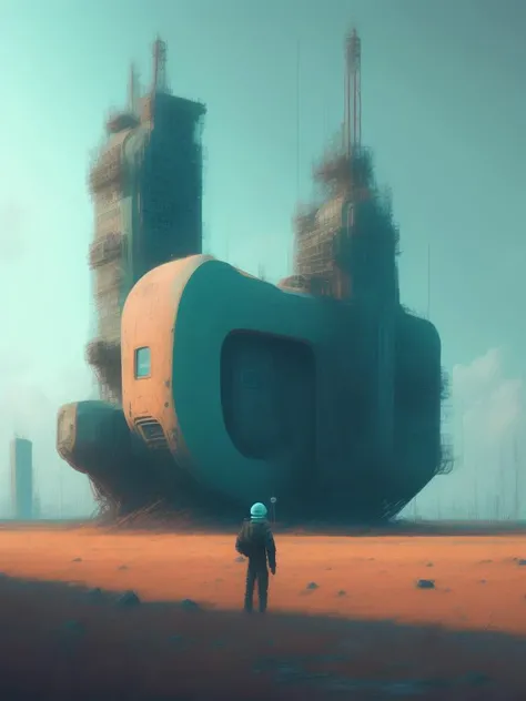 <lora:FilipHodas:1>engineer looks at the colossal futuristic building in moscow by simon stalenhag,