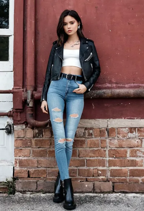 <lora:watson_cross:1>, very high detail, masterpiece, half turned, small breasts, watson cross, 1girl, 20yo, 20 yo, solo, full body, perfect eyes, watson_cross, dark ash hair, haircut, collarbone, leather bodysuit , biker leather jacket, old jeans pants, white shirt with print, piercing, wide belt, watson cross, hands in pockets, outdoor, us southern state, small town, heavy biker boots, <lora:add-detail-xl:3>, <lora:chest_adjust:-4>, <lora:PerfectEyesXL:1>