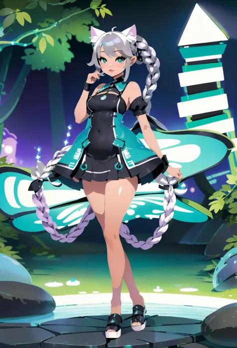 (award-winning Alternative:1.3) cute catgirl, full body, [:skimpy, colorful costume design,:0.2], official art, caucasian,  neon gray lighting , at a lush, imaginary campsite, bombshell hair, azure hair, french braids, inugami-ke no ichizoku pose