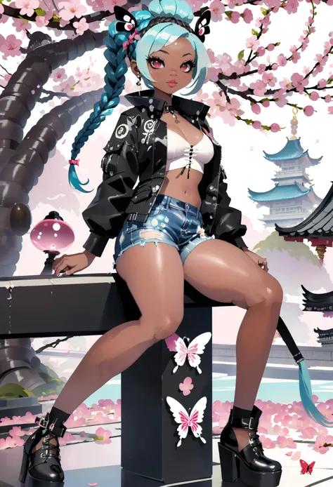 punk rocker girl, 1girl, full body, [:outlandish, formal costume design,:0.2], official art, (african, dark skin:0.6), bombshell punk hair, vivid gray hair, hair bobbles,Pulled Back Bob, soft azure lighting , torn pvc shorts, in a cherry blossom, African temple, bombshell hair, auburn hair, Messy Fishtail Braid, butterfly sitting