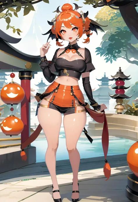 1girl, (wind viera loremistress:1.3), (at a festive zoo:1.3), scenery, full body, thigh gap, aqua hair with orange highlights, Curls,hair bun, deep red lipstick, (blush:1.3), , dark red-orange eyes, pose, , , narrow waist, sexy perfect hourglass figure,(muscular:0.6), skindentation, ((cropped shirt:1.3):1.2) [:outlandish, revealing costume design:0.2], (asian:1.3)