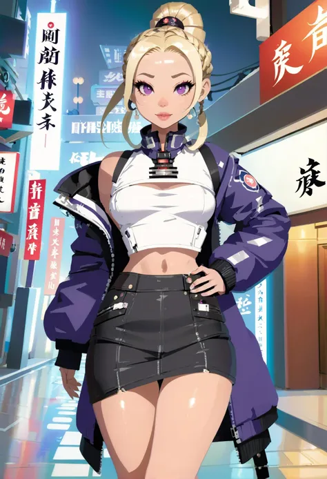 1girl, (sci-fi agent:1.3), (in a minuscule city:1.3), full body, blonde hair, Cornrows, (blush:1.3), , dark violet eyes, pose, [:intricate costume design:0.2], , (small breasts:1.5), narrow waist, tall, sexy toned perfect hourglass figure,, (bomber jacket:1.2), chinese