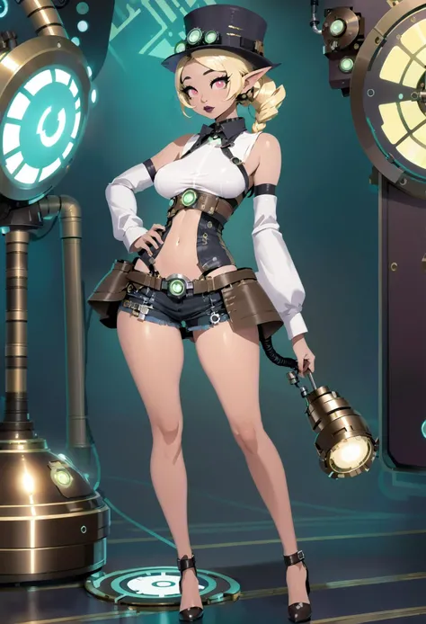 1girl, (steampunk stripper gamer:1.3), elf, (in a cyberpunk throneroom:1.3), full body, dark lipstick, (blush:1.3), , white eyes, pose, [:intricate costume design:0.2], , (small breasts:1.5), wide hips, narrow waist, perfect hourglass figure,skindentation, (wizard outfit, shirt lift:1.2), (dark skin:1.3)