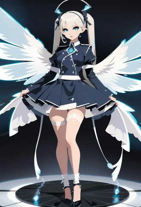 (touching Bastardcore:1.3) angel, full body, [:formal, wild costume design,:0.2], official art, caucasian, studio vivid slate blue lighting , under the infernal, dank bleachers, bombshell hair, white hair, Pull Through Ponytail,hair ribbon, own hands clasped