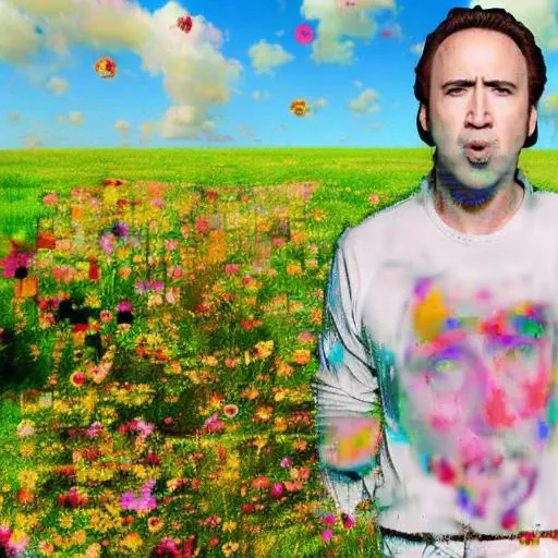 nicolas cage  in a meadow full of colorful flowers, trsldamrl