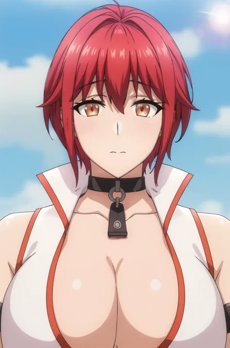 (day),White Background,blue sky,outdoors,
Standing at attention,
(White_Sleeveless_Shirt),(Black_Choker),arm_strap, armband, bare_shoulders,red pants,belt,Deep_cleavage,(navel:1.1),cleavage cutout,
<lora:Vesta_Harem_V2-KK77-V2:0.7>,
,<lora:more_details:0.2>,<lora:Mariana_Luciano_NON_VIRGIN-KK77-V1:0.3>,
red_hair,short_hair, yellow eyes,bangs,
1 girl, 20yo,Young female,Beautiful Finger,Beautiful long legs,Beautiful body,Beautiful Nose,Beautiful character design, perfect eyes, perfect face,expressive eyes,
looking at viewer,(Focus on her face),closed_mouth, 
official art,extremely detailed CG unity 8k wallpaper, perfect lighting,Colorful, Bright_Front_face_Lighting,shiny skin,
(masterpiece:1.0),(best_quality:1.0), ultra high res,4K,ultra-detailed,
photography, 8K, HDR, highres, absurdres:1.2, Kodak portra 400, film grain, blurry background, bokeh:1.2, lens flare, (vibrant_color:1.2)
(Beautiful,large_Breasts:1.4), (beautiful_face:1.5),(narrow_waist),