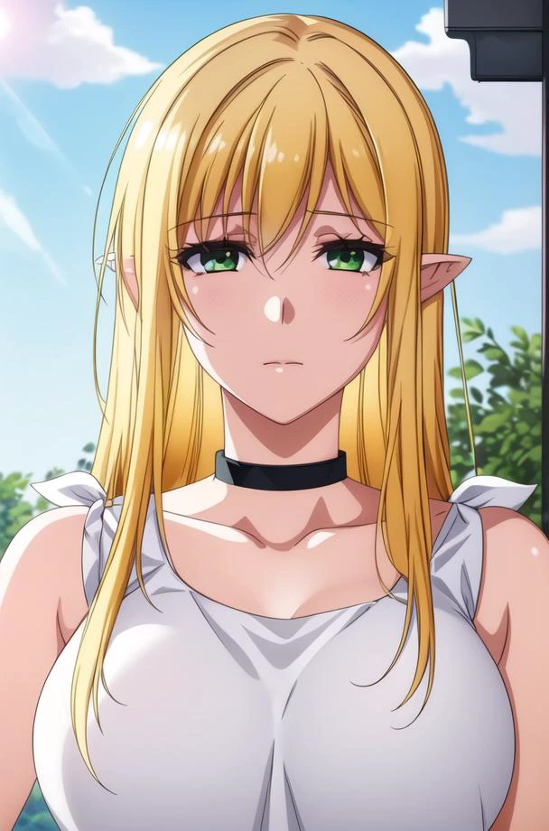 (day),White Background,blue sky,outdoors,
Standing at attention,
black choker,bare shoulders, collarbone, White tank top,,sleeveless,
<lora:Efil_Black_Summoner-KK77-V2:0.7>,<lora:more_details:0.3>,<lora:Mariana_Luciano_NON_VIRGIN-KK77-V1:0.2>,elf,pointy ears,
green eyes,bangs, blonde hair,hair between eyes, long hair,
1 girl, 20yo,Young female,Beautiful Finger,Beautiful long legs,Beautiful body,Beautiful Nose,Beautiful character design, perfect eyes, perfect face,expressive eyes,
looking at viewer,(Focus on her face),closed_mouth,
official art,extremely detailed CG unity 8k wallpaper, perfect lighting,Colorful, Bright_Front_face_Lighting,shiny skin,
(masterpiece:1.0),(best_quality:1.0), ultra high res,4K,ultra-detailed,
photography, 8K, HDR, highres, absurdres:1.2, Kodak portra 400, film grain, blurry background, bokeh:1.2, lens flare, (vibrant_color:1.2)
(Beautiful,large_Breasts:1.4), (beautiful_face:1.5),(narrow_waist),