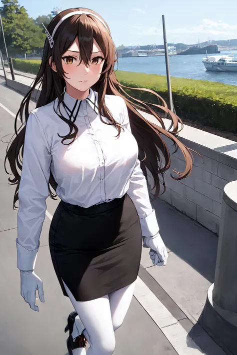 <lora:AshigaraKancolle-000018:1>, 1girl, solo,
ashigara \(kancolle\),
white hairband, white shirt, collared shirt, long sleeves, white gloves, black skirt, miniskirt, pencil skirt, white pantyhose, grey footwear, high heels,
outdoors,