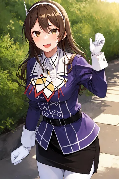 <lora:AshigaraKancolle-000018:1>, 1girl, solo,
ashigara \(kancolle\), fang,
military uniform, white hairband, purple jacket, neckerchief, white gloves, black belt, black skirt, miniskirt, pencil skirt, white pantyhose,
outdoors,
