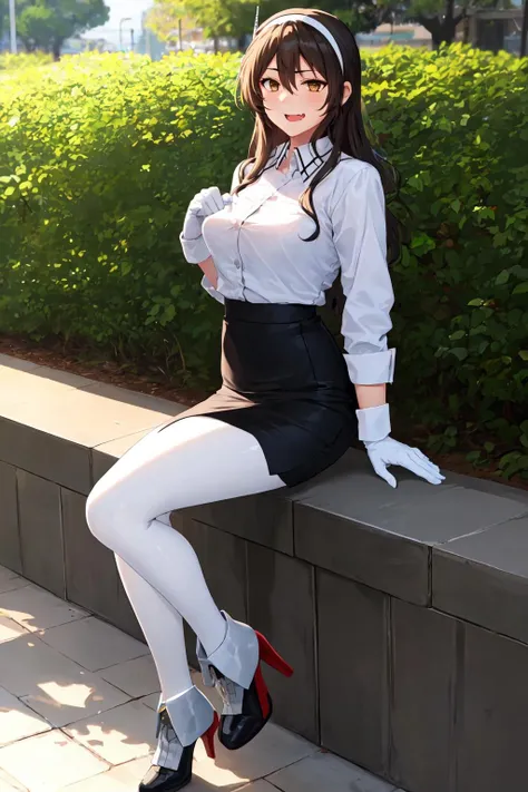<lora:AshigaraKancolle-000018:1>, 1girl, solo,
ashigara \(kancolle\), fang,
white hairband, white shirt, collared shirt, long sleeves, white gloves, black skirt, miniskirt, pencil skirt, white pantyhose, grey footwear, high heels,
outdoors,