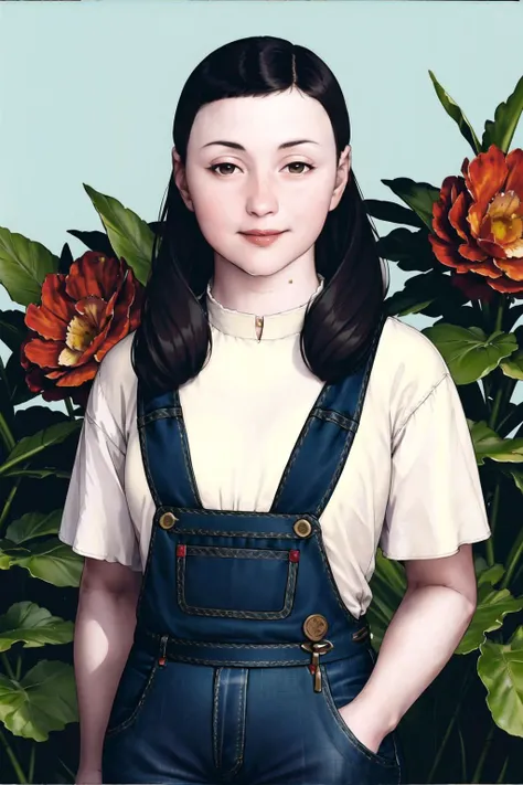 <lora:hhy-000010:.8>,garden as background,portrait,upper body,jeans overall mit,black hair,long hair,brown eyes,standing,smile,looking at viewer,1girl,