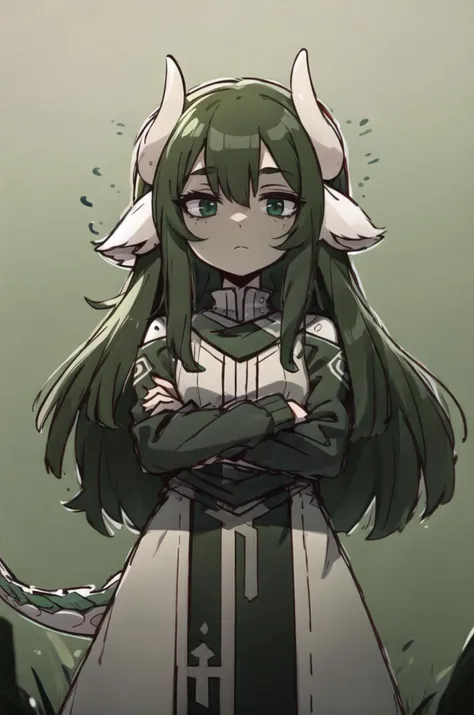 <lora:Verimeen__Character_LoRA_Artist__Kanel:1>, 1girl, masterpiece, best quality, (Verimeen), Green hair, long hair, green skin, dragon tail, animal ears, white horns, black tunic, long tunic, crossed arms, expressionless