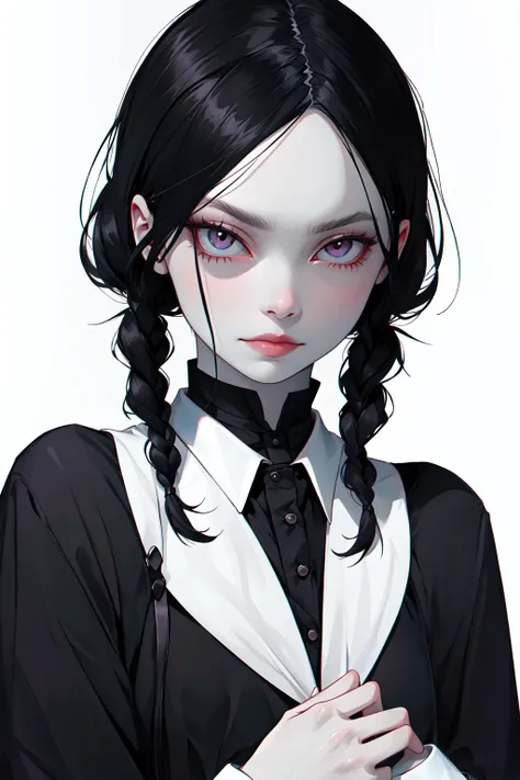 wednesday addams, black hair, dead eyes,pale skin,