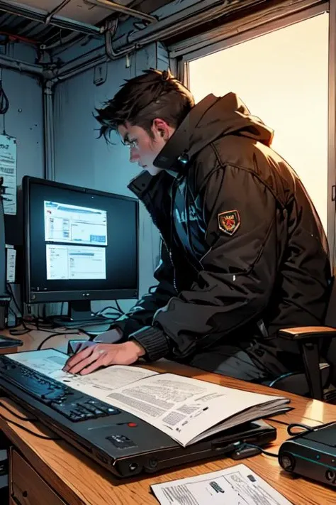 High Quality,Rich details,complex background,a male,Late night overtime,Sitting in front of the computer,Late Night,Knock Keyboard,Mouse,Take-out on the desktop,