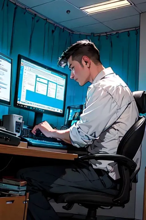 High Quality,Rich details,complex background,a male,Late night overtime,Sitting in front of the computer,Late Night,Knock Keyboard,Mouse,