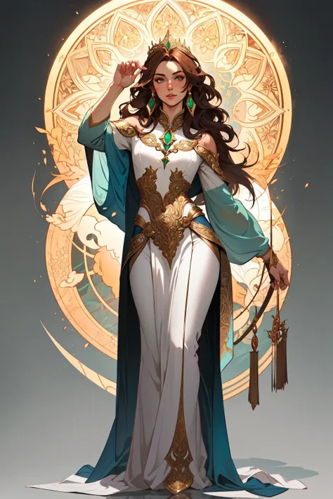symmetry, full body portrait of gorgeous, american sacral priestess, witch, goddess, queen, princess, pale glowing white skin, intricate emerald and gold jewelry, long brown hair blowing in the wind, dressed in jewels tones, long highlighted chestnut brown hair, hazel green eyes, magical surrounding lighting outline, holding a quartz crystal staff emanating rainbows, exotic, pretty face, intricate, elegant, highly detailed, digital painting, artstation, concept art, smooth, sharp focus, illustration, art by artgerm and greg rutkowski and alphonse mucha, erte, art deco, filigree and scroll, 8 k,