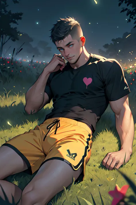 realistic, masterpiece, best quality, high quality, ultra detailed, digital art, unity 8k wallpaper, dynamic colors, striking contrast, solo, laying down completely on a grass field, wearing a T-shirt and athletic shorts, crew cut hair, night scene, fireflies, flowers in different colors