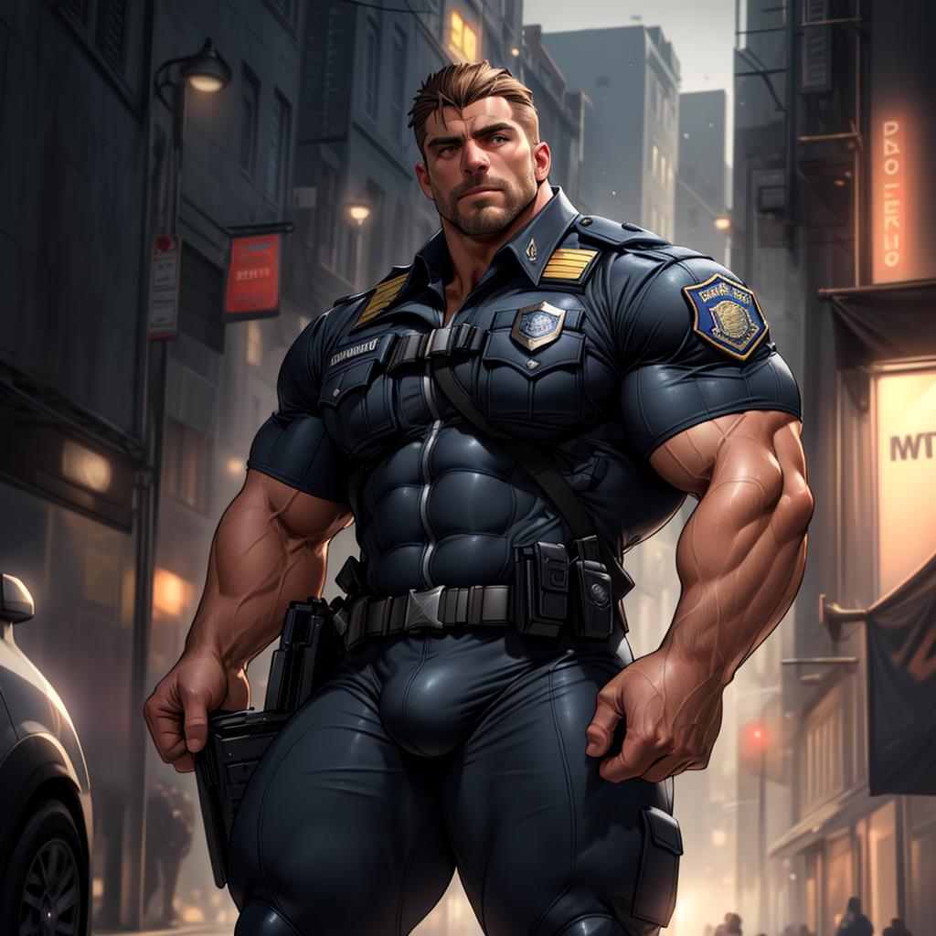 A close up of a man in a police uniform standing in a city - SeaArt AI