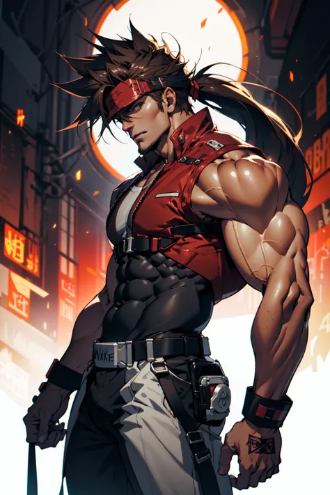 A muscular 35-year-old warrior woman almost naked in the Simon Bisley style for the cover of Heavy Metal magazine, dark red clothes, colorful mohawk hair, Minimum clothing, Short clothes,