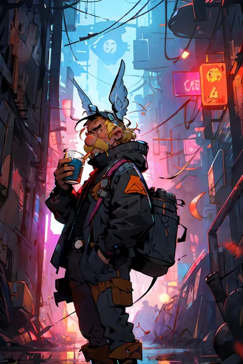 <lora:Asterix:1> , 1man, Asterix, cyborg, blonde hair, black top, wings, winged helmet, facial hair, mustache, red pants, mechanical arms, drinking a beer, neon led clothes, cyberpunk jacket, cyberpunk club background, night city, <lora:to8contrast-1-5:0.6>,
