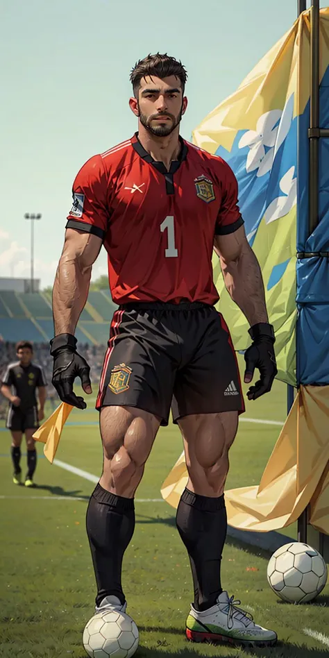 1 man, smile, (wear red dress, round neck, short sleeve football shirt.), Navy cargo pants, Korean guy , korean men, (High gloss details), chest muscles, Big arm muscles, blood vessel, big muscles, Broad shoulders, looking at the audience, Balancing the eyes, (Make eye contact), sports stadium, football