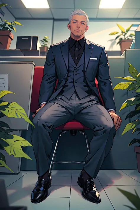Best quality, masterpiece, ultra high res,detailed background,solo,male,mature,bara,muscular,mature male,silver formal suit,office,salaryman,sitting on chair,plants,looking at viewer,from below,depth of field,