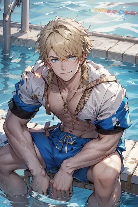 Best quality, masterpiece, ultra high res, detailed background, solo, male, muscular ,muscular thighs, swimming pool, swim trunks, looking up, looking at viewer, depth of field, summer, smiling, blonde hair, blue eyes, no facial hair, gepard, sitting, dappled sunlight, bulge, shirtless <lora:Gepard:0.6>