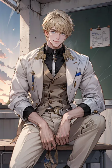 Best quality, masterpiece, ultra high res, detailed background, solo, male, 1boy, muscular , classroom, school, male school uniform, looking at viewer, depth of field, summer, smiling, blonde hair, blue eyes, no facial hair, gepard, dappled sunlight, bulge, afternoon, sunset , sitting in a desk, long legs <lora:Gepard:0.5> <lora:HandsomeMale_1:0.6>