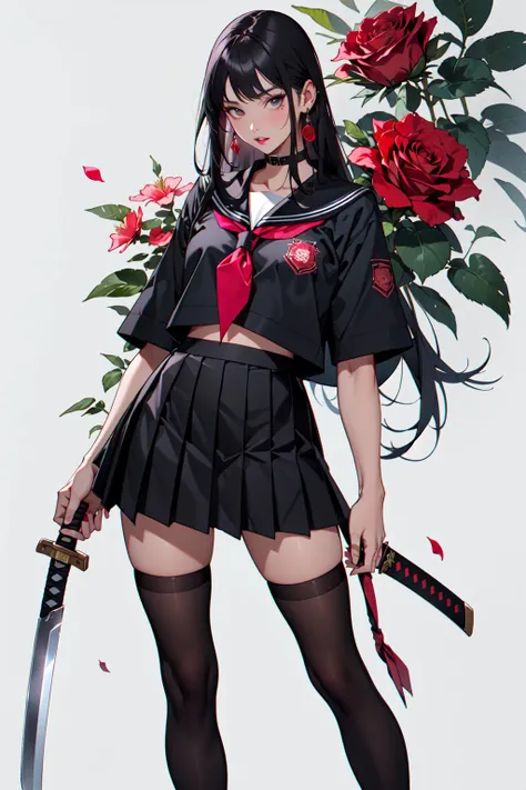 camellia, flower, red_flower, red_rose, rose, sword, weapon, katana, 1girl, pink_rose, pink_flower, spider_lily, shoes, long_hair, school_uniform, serafuku, sheath, skirt, solo, holding_sword, sheathed, vase, looking_at_viewer, orange_flower, pleated_skirt, rose_petals, black_shirt, black_legwear, black_skirt, holding_sheath, hibiscus, very_long_hair, parted_lips, loafers, sailor_collar, black_hair, neckerchief