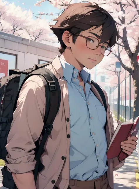 1boy , muscular,short hair,glasses,blush, brown eyes,  ((masterpiece, best quality)) , outdoors, school,school uniform,pants, looking at viewer, cherry blossoms, open shirt, holding book,backpack, depth of field,