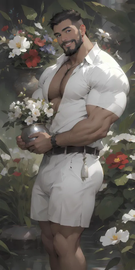 Impressionism still-live painting, bara, a black short hair muscular naked man holding a silver vase with colorful flowers, chest hair, short black hair, black eyes, smiling, beard, huge bulge