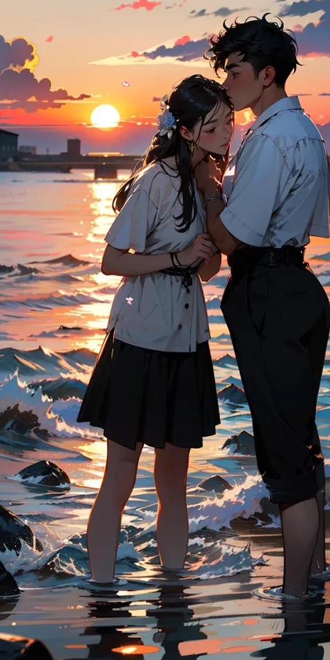 masterpiece, best quality,8k resolution,realistic,
1 girl, flowers, depth of field, clothes, 1 boy wearing a hat, blurred background, vehicle, black hair, kissing, black clothes, couple, sea water background, partially submerged, sunset