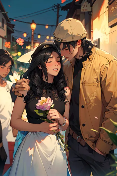 masterpiece, best quality,8k resolution,realistic,
1 girl with closed eyes, flowers, depth of field, clothes, 1 boy wearing a hat, blurred background, holding flowers, black hair, holding flowers, black clothes, couple