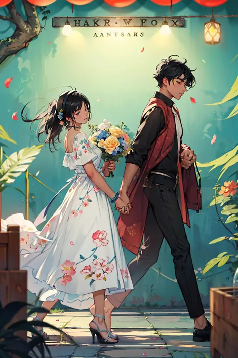 masterpiece, best quality,8k resolution,realistic,
1 girl, flowers, depth of field, clothes, 1 boy wearing a hat, blurred background, holding flowers, black hair, holding hands, black clothes, couple