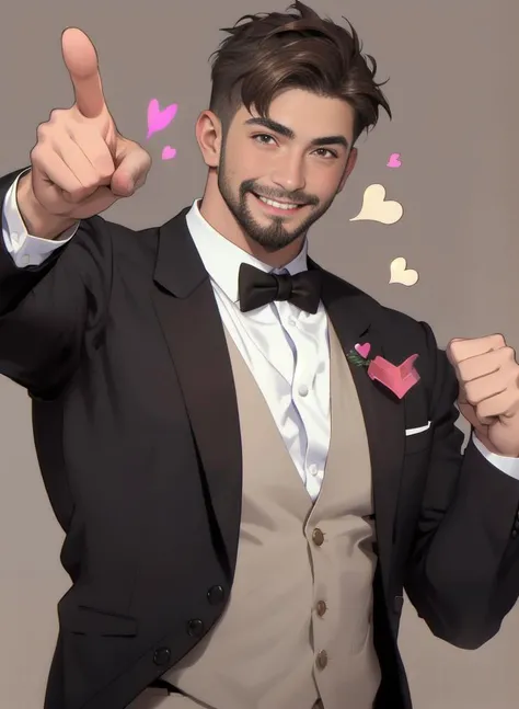 1man , muscular , short hair , (masterpiece, best quality, absurdres ) , brown eyes , ( pointing at viewer ) , ((heart background)) , open white shirt , bowtie , smile, upper body, light beard , dynamic pose ,