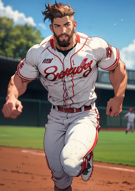 (masterpiece, best quality ), 1man, muscular, short hair, brown eyes, intricate, baseball field , full body, white baseball uniform, open red jacket, vivid colors,(depth of field:1.4),(abs), running, looking at viewer, baseball helmet, speed lines, beard,