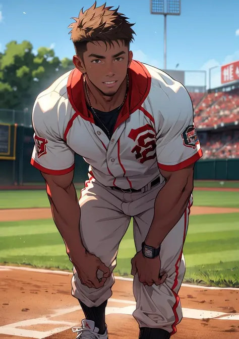 (masterpiece, best quality ), 1man,muscular,short hair,brown eyes, tan, intricate, baseball field , full body, white baseball uniform, red jacket, vivid colors,(depth of field:1.2),