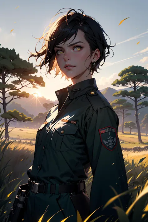 1woman and 1man, alexandra daddario, small breasts, (flat chested female:1.1), short pixie cut hair, yellow eyes, realistic face, feminine face, military uniform, outdoors, standing in a grass field, looking away from the camera, chin up, hopeful expression, late evening, dramatic lighting,