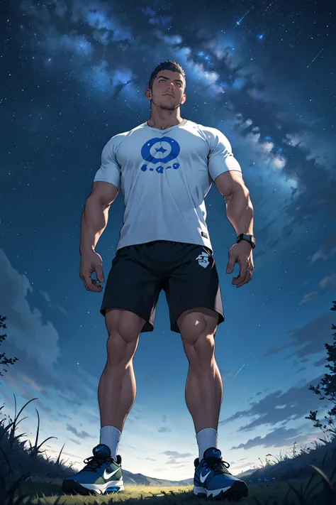 Draw a mature athlete,Standing in the grassland under the starry sky,he is wearing a T-shirt and athletic shorts and nike sneakers, Dramatic lighting from stars illuminates the scene,This man looks confident and determined, looking down,crew cut, full body,shot from below,a big moon in the background