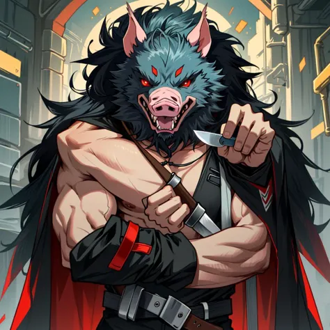 masterpiece,best quality,Muscular,giant,(The Pig-headed Monster),topless,red eyes,protruding fangs in the mouth,Knife in both hands,